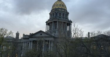 A cloudy springtime evening outside the Colorado State Capitol