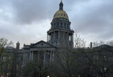 A cloudy springtime evening outside the Colorado State Capitol