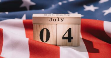 close up view of wooden calendar with 4th july date on american flag, americas independence day