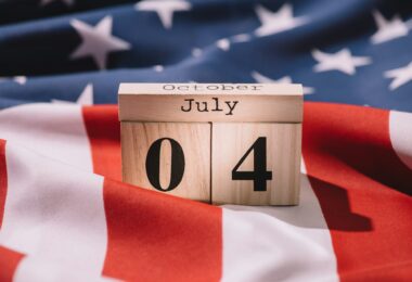 close up view of wooden calendar with 4th july date on american flag, americas independence day