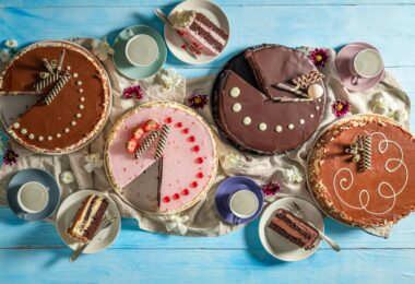 Delicious cakes serving with coffee. Sweet dessert with coffee.