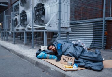 Dirty homeless with help sign lies on city street