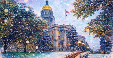 Colorado State Capitol in Denver with a family reviewing bills and a calculator in the foreground
