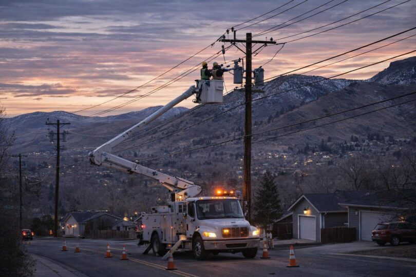 Utility crew in a bucket truck repairing power lines near Colorado Front Range homes at dusk