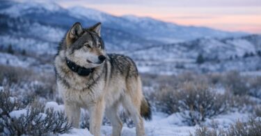 A radio-collared gray wolf standing in snowy sagebrush country in northwest Colorado at dusk
