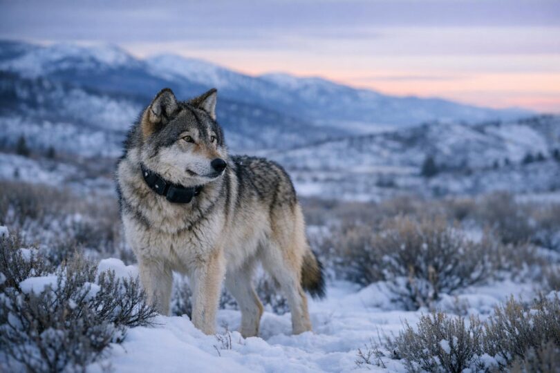 A radio-collared gray wolf standing in snowy sagebrush country in northwest Colorado at dusk