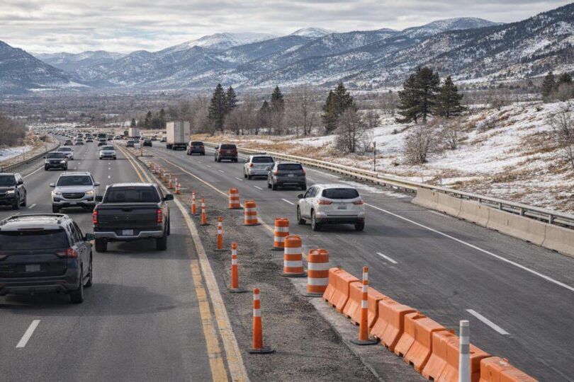 Vehicles travel on a Northern Colorado interstate past orange cones with Front Range foothills in the distance