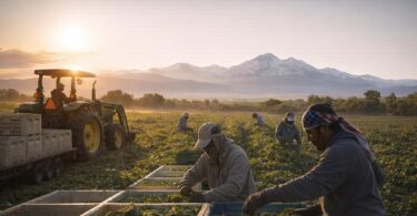 Farmworkers harvesting crops in a Colorado field with the Front Range in the distance