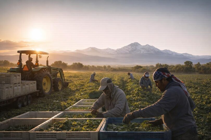 Farmworkers harvesting crops in a Colorado field with the Front Range in the distance