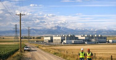 A large modern data center building on open plains near farm fields under a Colorado sky