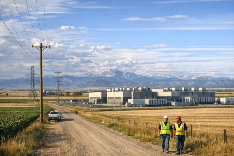 A large modern data center building on open plains near farm fields under a Colorado sky