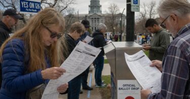 Voters review ballots in a Colorado primary election scene near campaign signs
