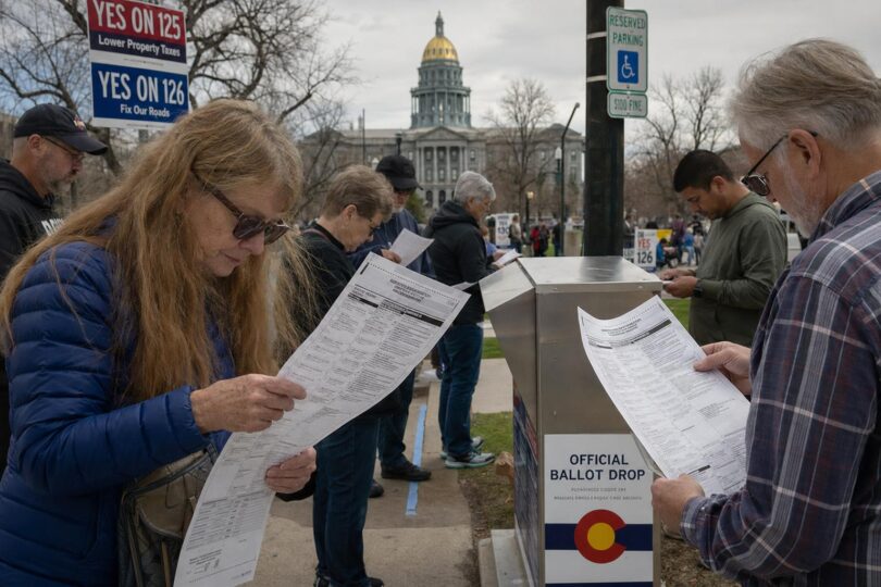 Voters review ballots in a Colorado primary election scene near campaign signs