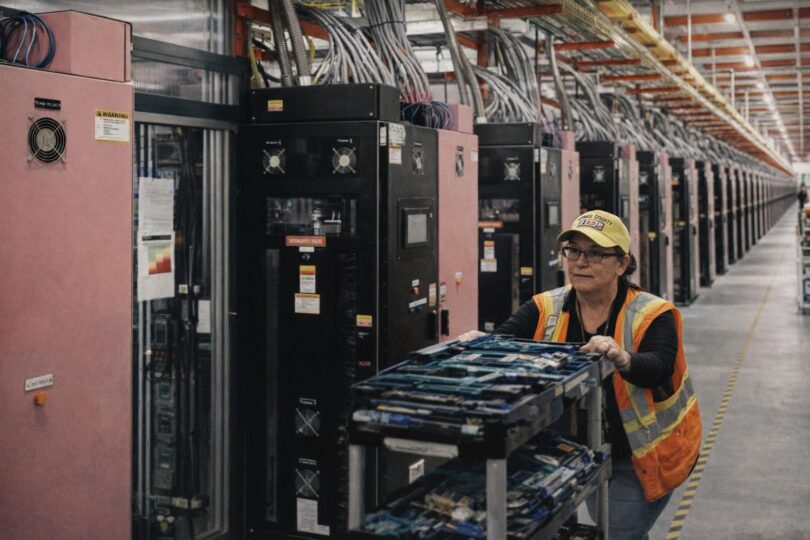 Industrial data center building near open farmland under a Colorado sky
