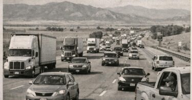 Cars and trucks on a Colorado highway corridor with open plains and Front Range views.