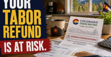 Colorado taxpayer reviewing household bills and refund paperwork at a kitchen table