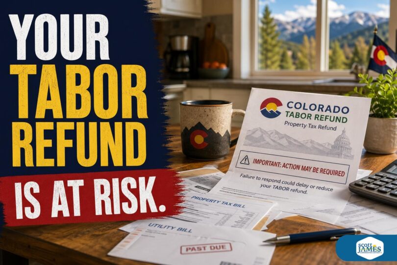 Colorado taxpayer reviewing household bills and refund paperwork at a kitchen table